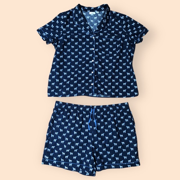 L.L.Bean Cotton Navy Blue Dog Patterned Pajamas Set Shirt & Shorts Women’s 2X - Picture 15 of 15